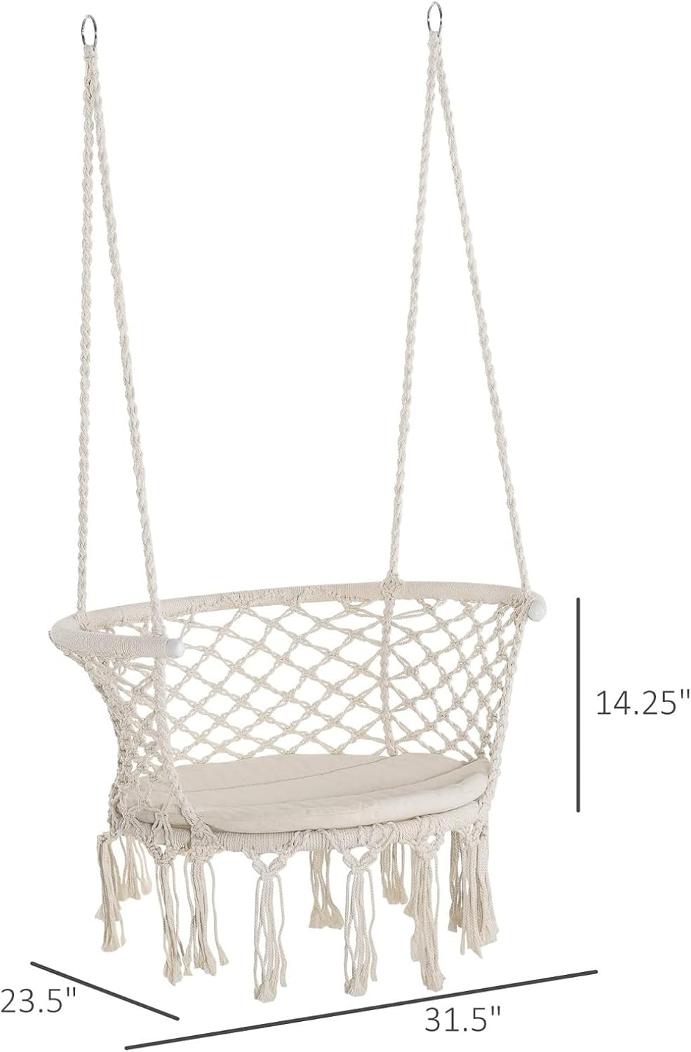 Outsunny – Silla hamaca de cuerda de algodón, hamaca colgante con marco de metal y cojín, asiento grande de macramé, patio, jardín, dormitorio, sala
