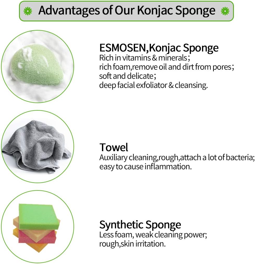 ESMOSEN 2 esponjas faciales 100% naturales de té verde konjac para limpieza profunda de la cara y exfoliación suave, seguro para pieles delicadas y