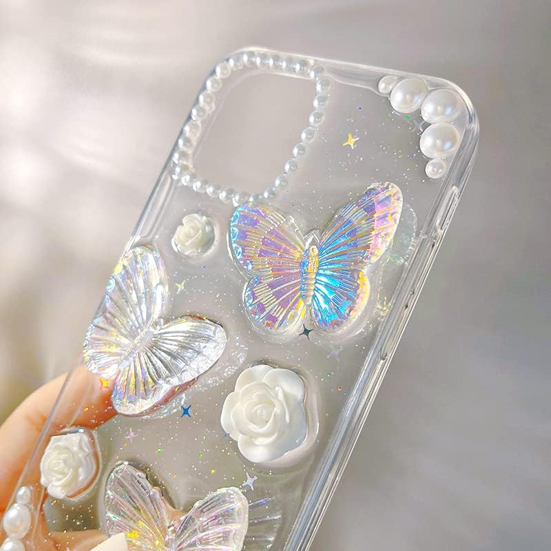 Funda transparente con purpurina para iPhone 15, bonita funda de silicona suave para mujeres y niñas, diseño de mariposas 3D, con perlas de cristal,