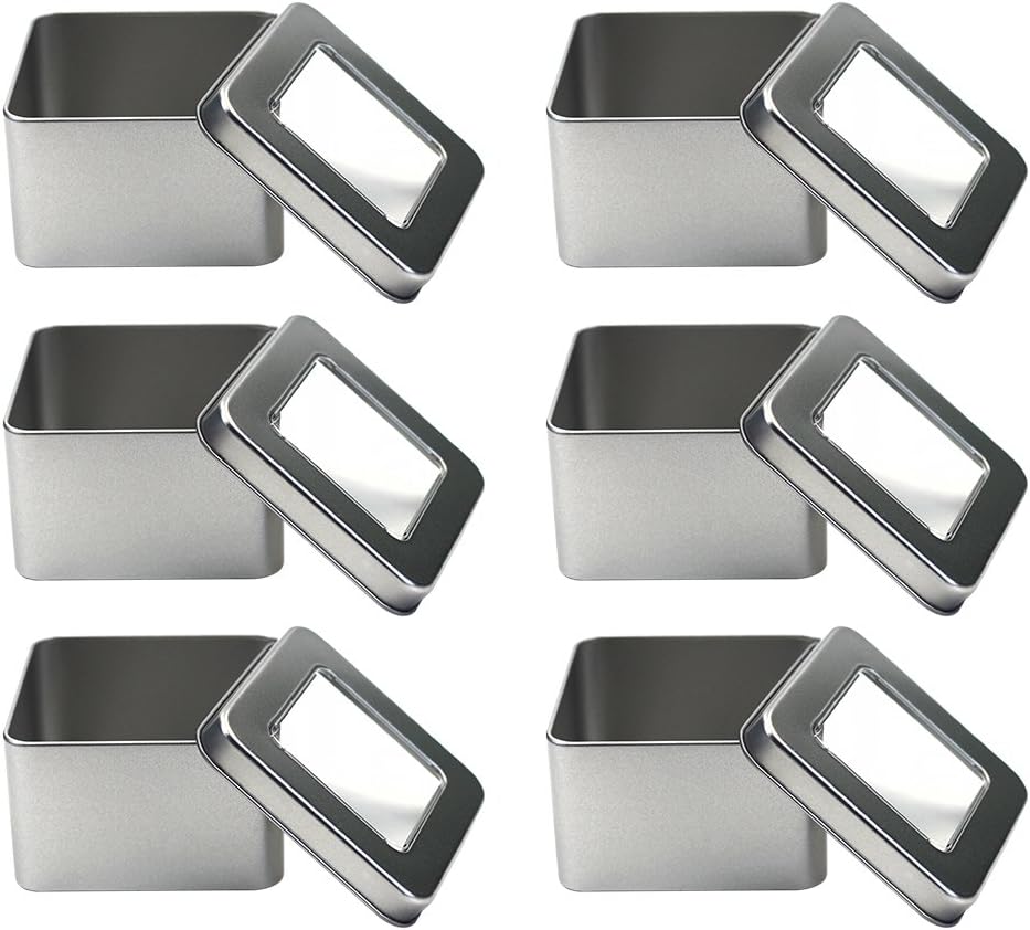 Paquete de 6 cajas de metal cuadradas rectangulares de 8 onzas con tapas grandes transparentes para ventana, 3.6 x 3.6 pulgadas de base x 2.4