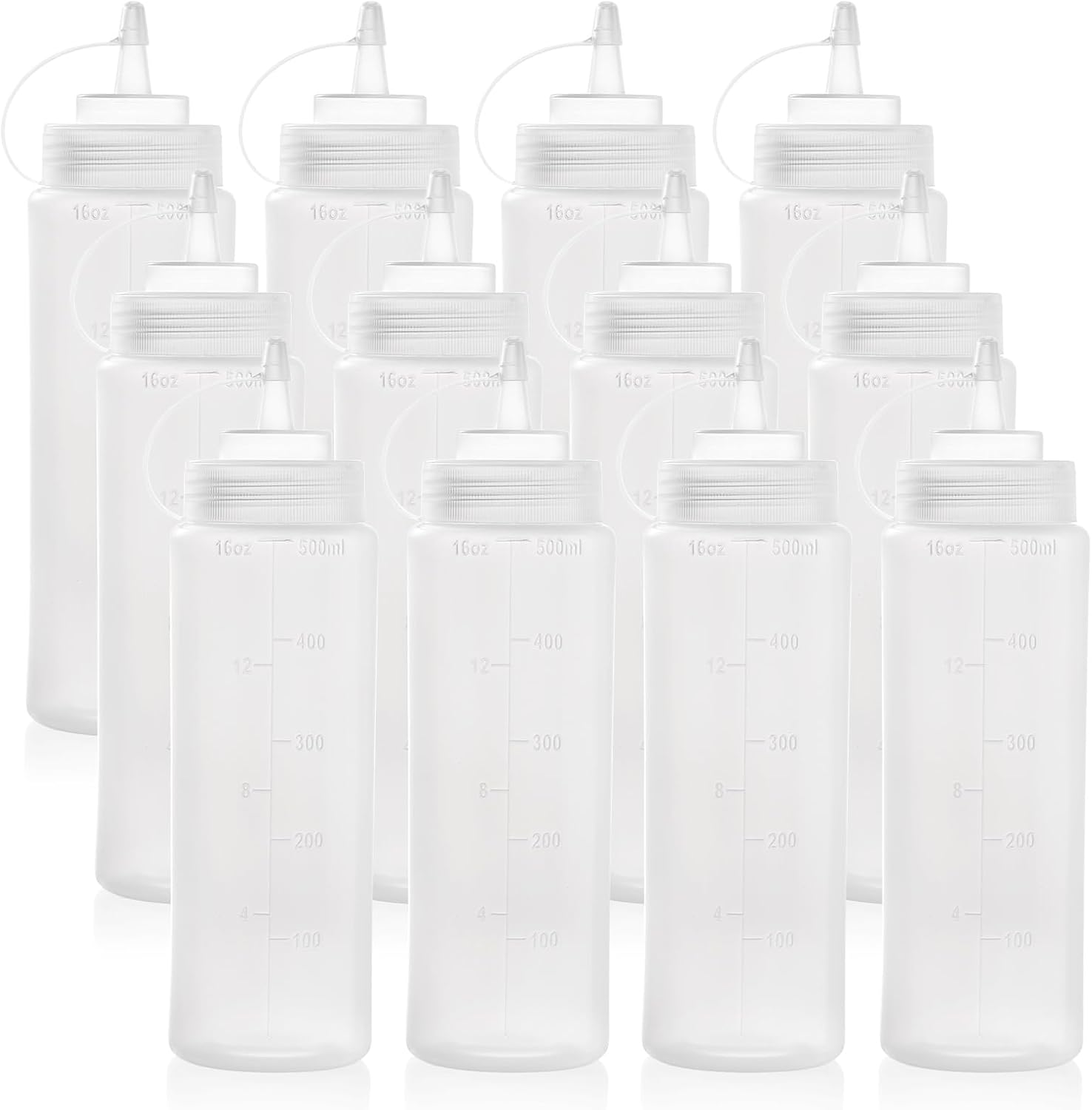 Bekith Paquete de 12 botellas de plástico de boca ancha de 16 onzas con tapas giratorias y medidas discretas, botella vacía para salsa, salsa de