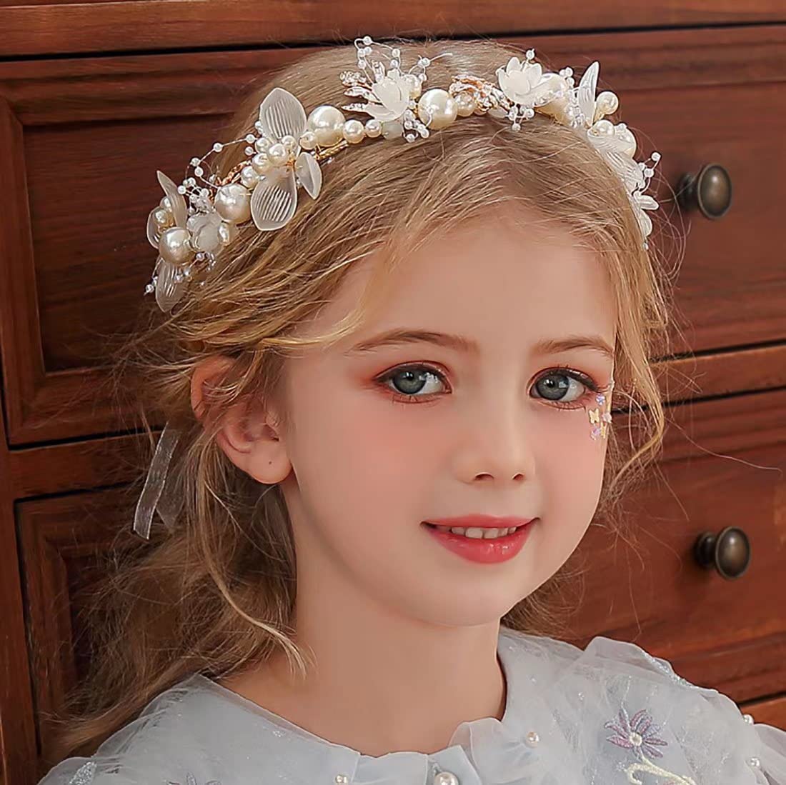 Diadema de boda de cristal de princesa para niña de flores, corona de flores, accesorios para el cabello para fiesta de cumpleaños (blanco)