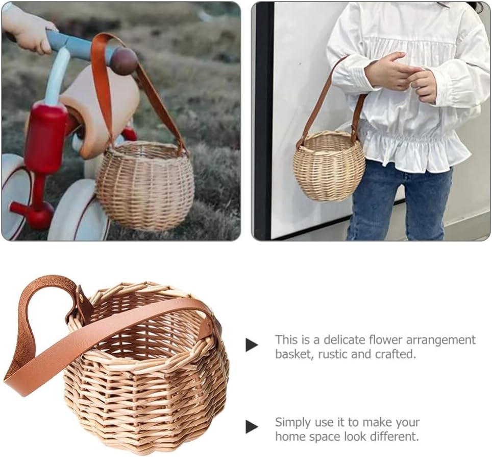 Cestas tejidas de mimbre con mango de cuero, cestas de flores para niñas, cesta de almacenamiento de dulces para boda, fiesta, decoración del hogar