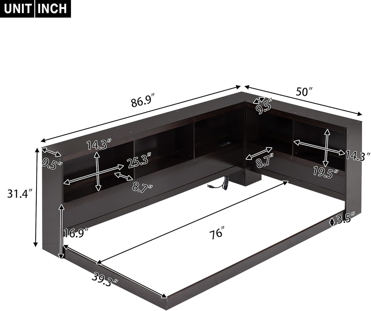 Sofá cama con cabecera de estantería, marco de cama esquinero de tamaño individual con estación de carga, cama de plataforma de madera con