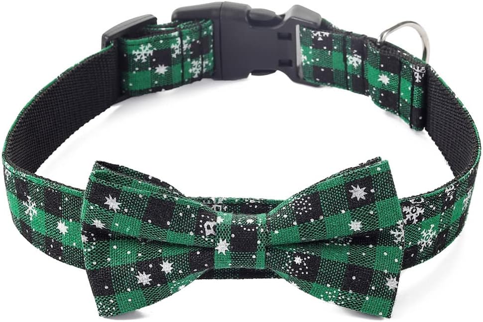 Love Dream Collar de Navidad para perro con pajarita desmontable, collar de perro a cuadros de Navidad para perros pequeños, medianos y grandes