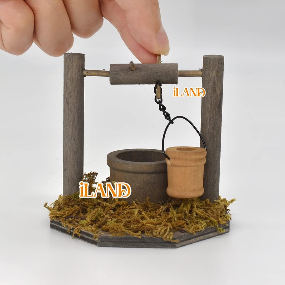 iland Accesorios para casa de muñecas en escala 112, juego de granja de casa de muñecas incluido Pozo de deseos de madera y hacha con leña y