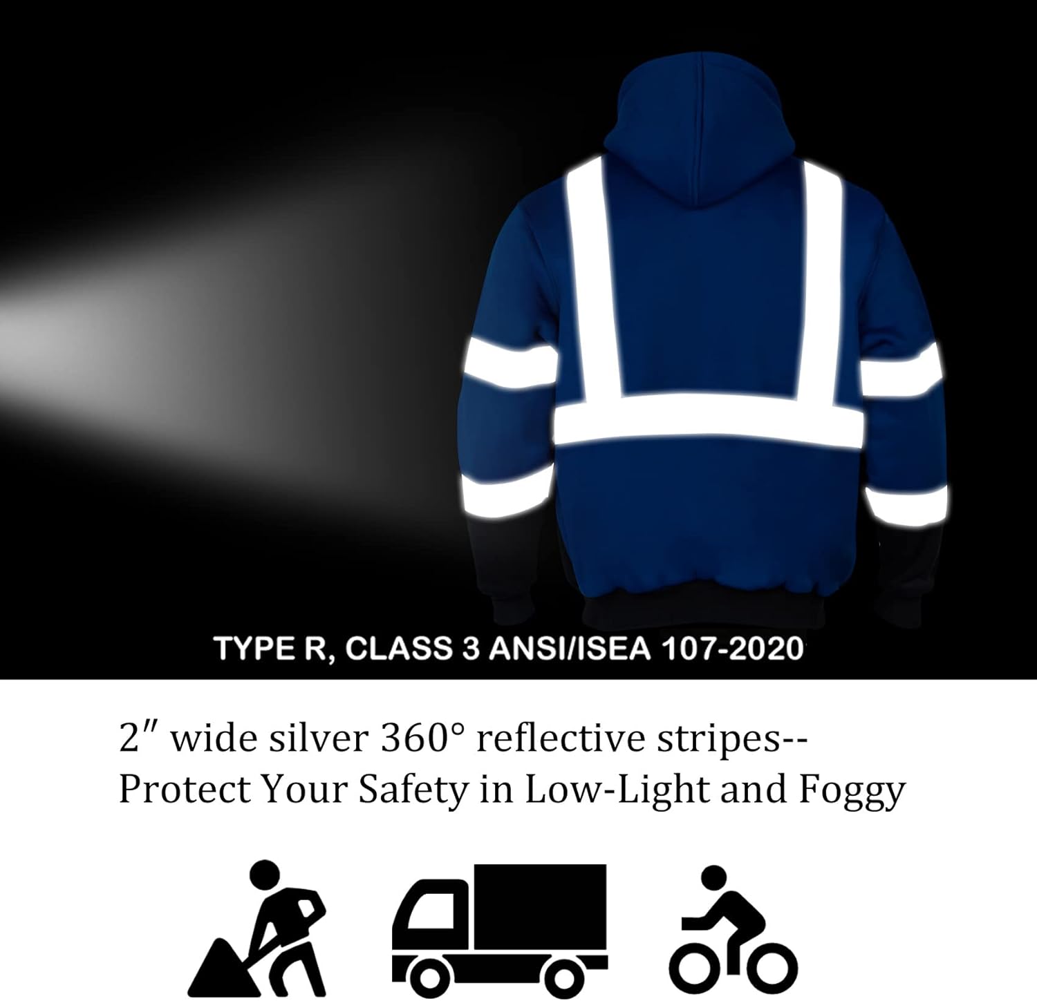 Sudaderas reflectantes de seguridad ANSI Clase 3 para hombre, de lana y forro polar, con cremallera y parte inferior negra (azul rey, XL)