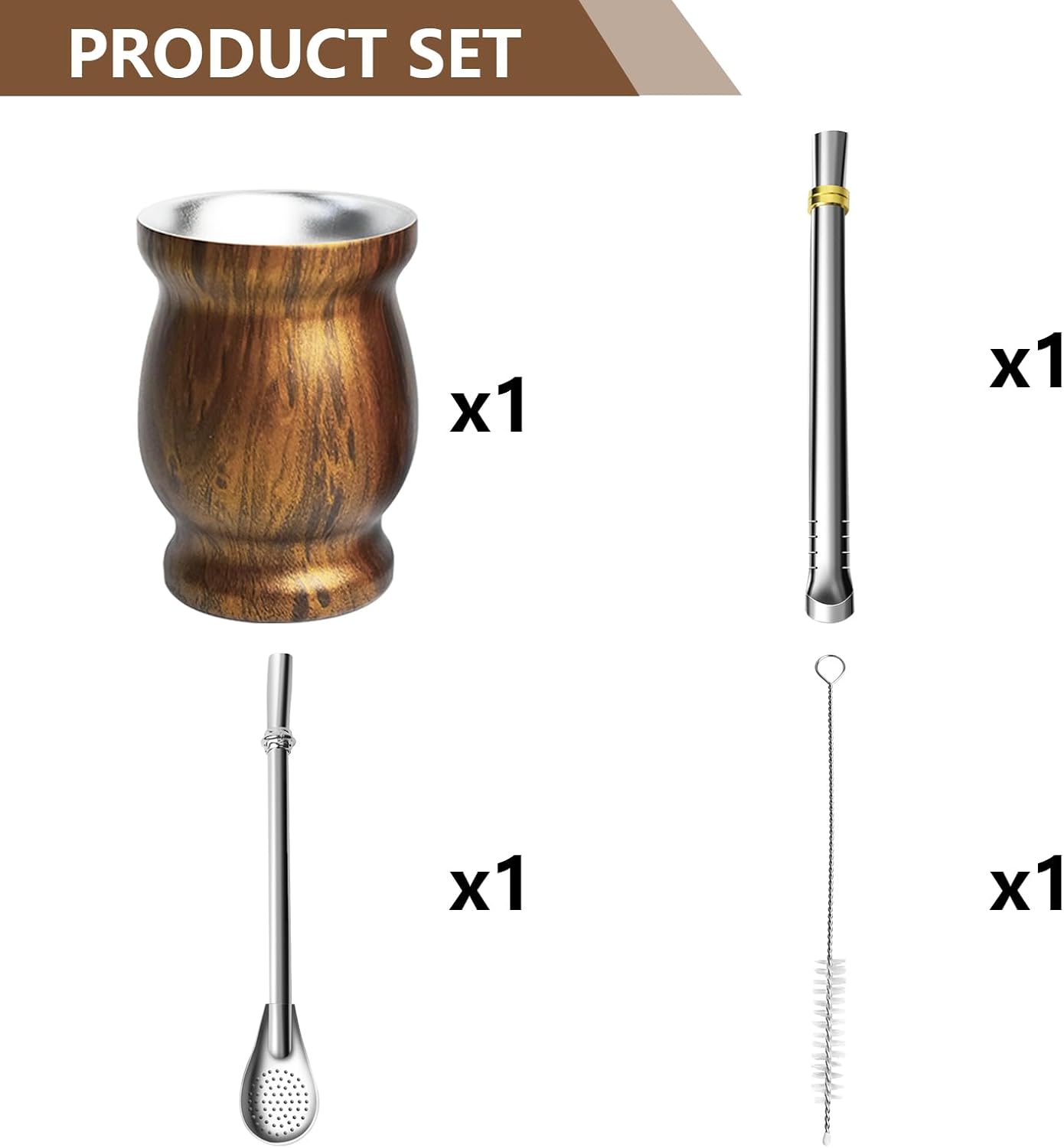 Artcome Juego de 4 tazas de yerba mate de acero inoxidable  1 taza mate de acero inoxidable de doble pared de 8.5 onzas (madera), 2 bombillas (paja