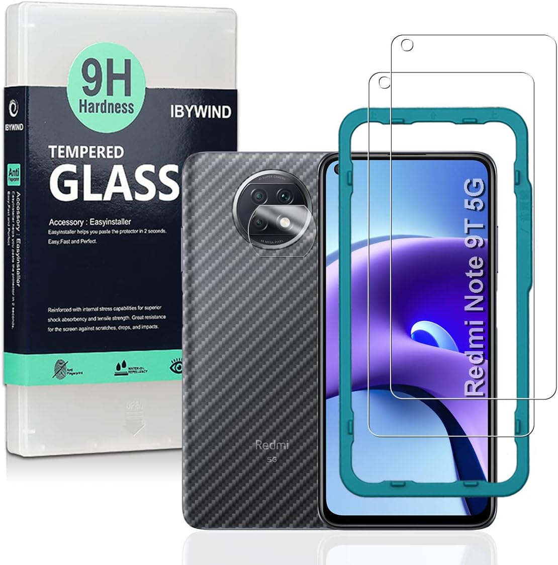 Ibywind Protector de pantalla para Redmi Note 9T 5G (6.53 pulgadas), con 2 piezas de vidrio templado, 1 protector de lente de cámara, 1 película de