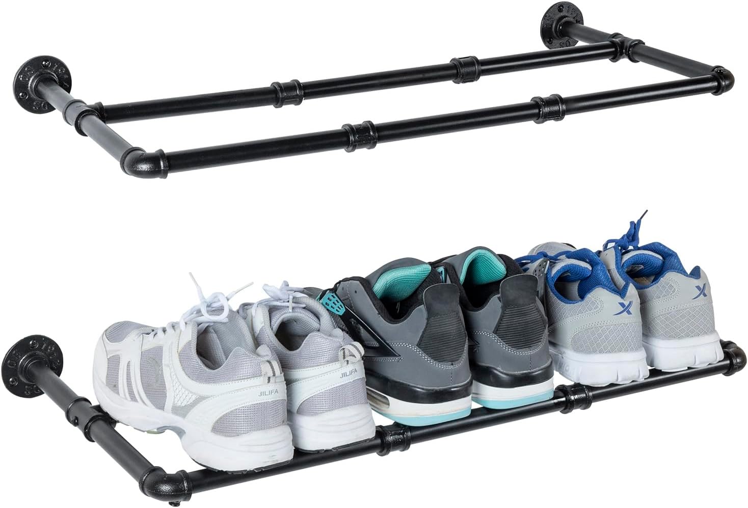 MyGift Juego de 2 estantes industriales de metal negro mate para colgar zapatos y botas, montaje en pared, ahorro de espacio para almacenamiento de