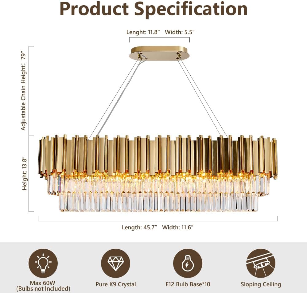 Candelabros modernos de cristal para comedor, luces doradas de lujo de 46 pulgadas, lámpara colgante de techo rectangular para isla de cocina