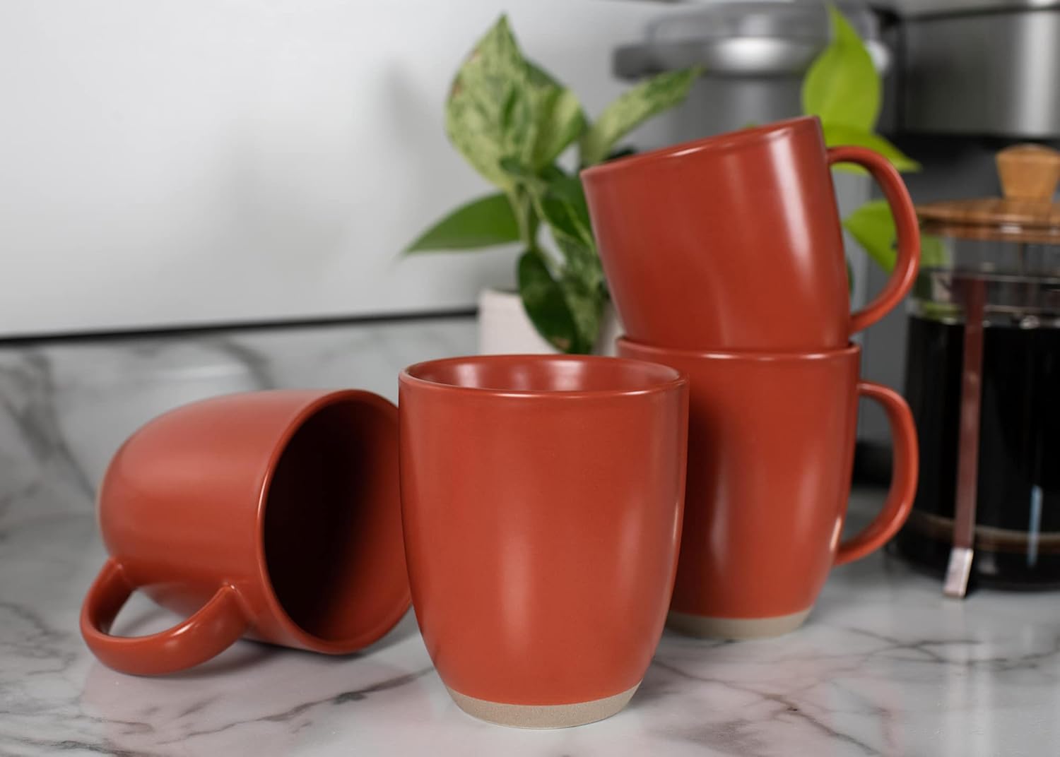 Elanze Designs Juego de 4 tazas de café de cerámica de 13 onzas con fondo de arcilla cruda, color rojo óxido