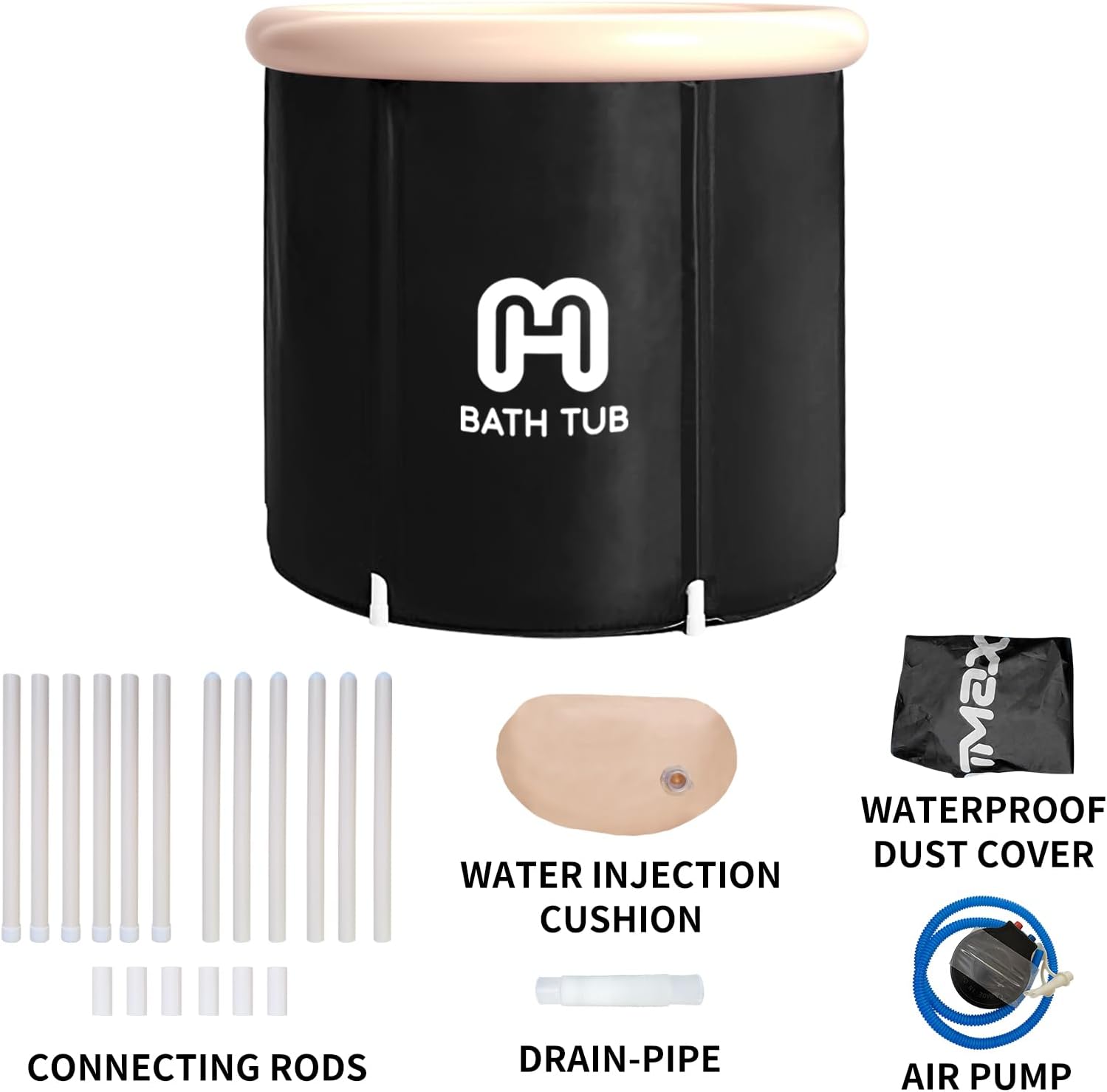 Bañera plegable portátil para adultos, bañera de hidromasaje, bañera plegable independiente, bañera de hidromasaje con cojín (29.5 x 29.5 x 29.5