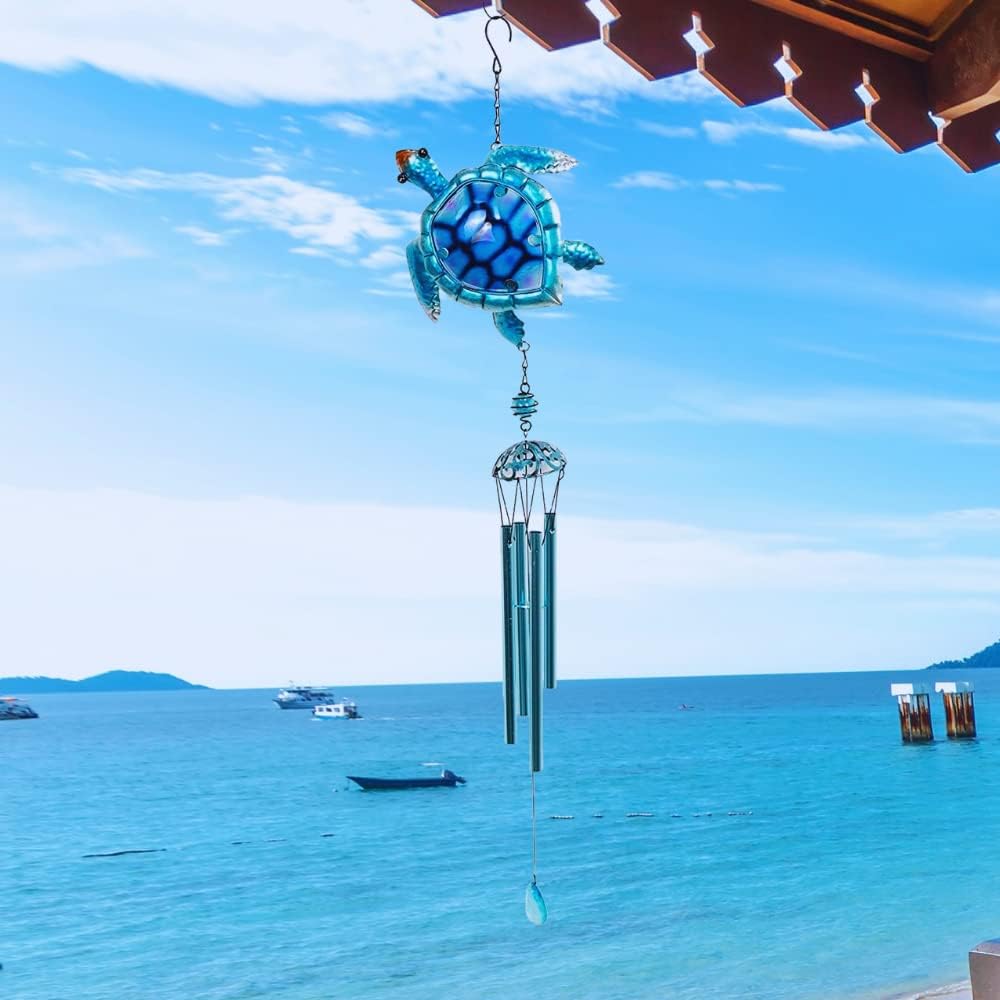 Comfy Hour Ocean Voyage Collection – Campanilla de viento colgante de tortuga marina marina de 35 pulgadas, colección Metal Art