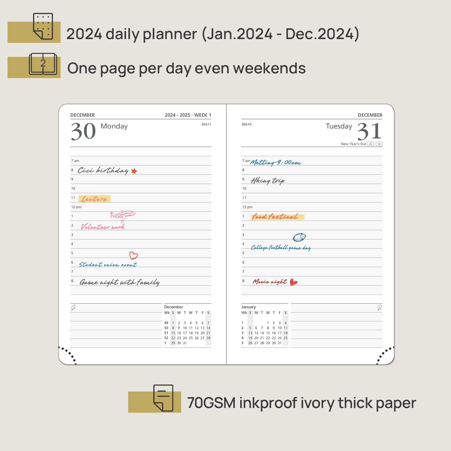 POPRUN Agenda diaria 2024 de una página por día, tamaño de bolsillo (4 x 6.25 pulgadas), calendario diario 2024, libro de citas por hora con