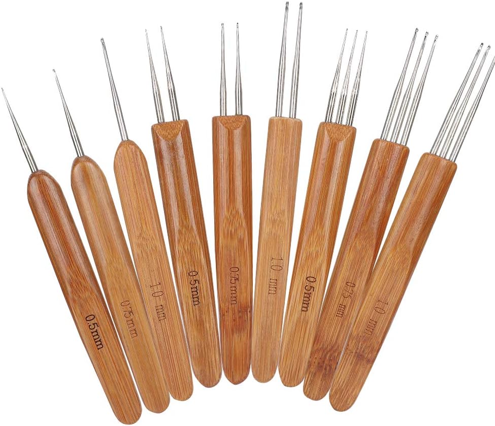 Juego de 9 ganchos de ganchillo para rastas, gancho de ganchillo de acero, mango de bambú para herramienta de tejido de cabello trenzado, artesanía
