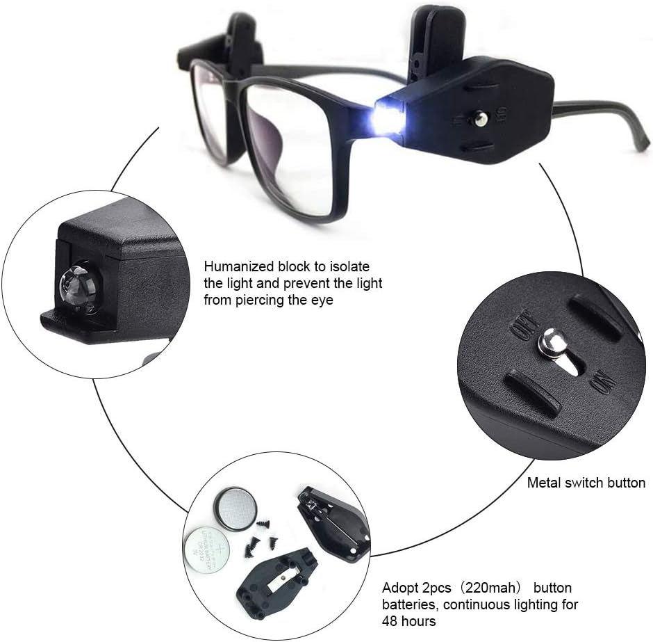 VGEBY 1 par de luz de lectura para gafas, clip de luz LED con clip de luz para anteojos de luz linterna de lectura lámpara de noche