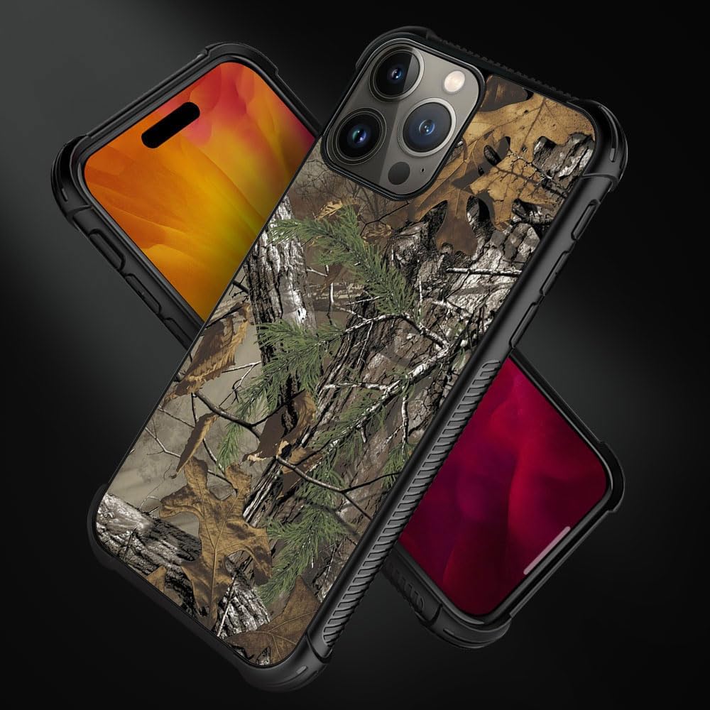 Funda compatible con iPhone 15 Pro Max, diseño de hojas de árbol de camuflaje H, resistente a arañazos y golpes, funda protectora de TPU resistente