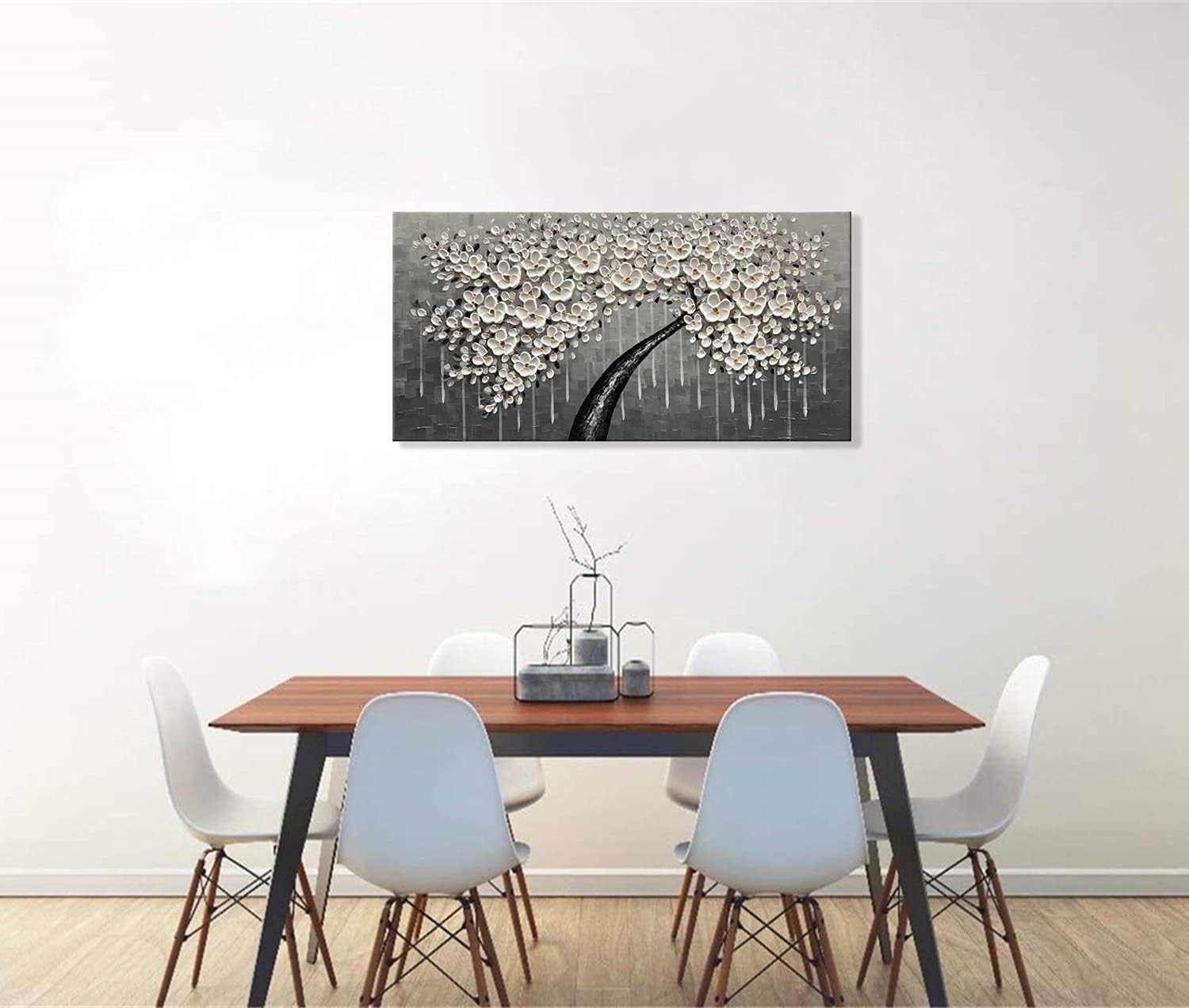 zoinart 100% pintado a mano abstracto moderno lienzo de flores pinturas de pared de 20 x 40 pulgadas, pintura al óleo floral blanca en 3D sobre