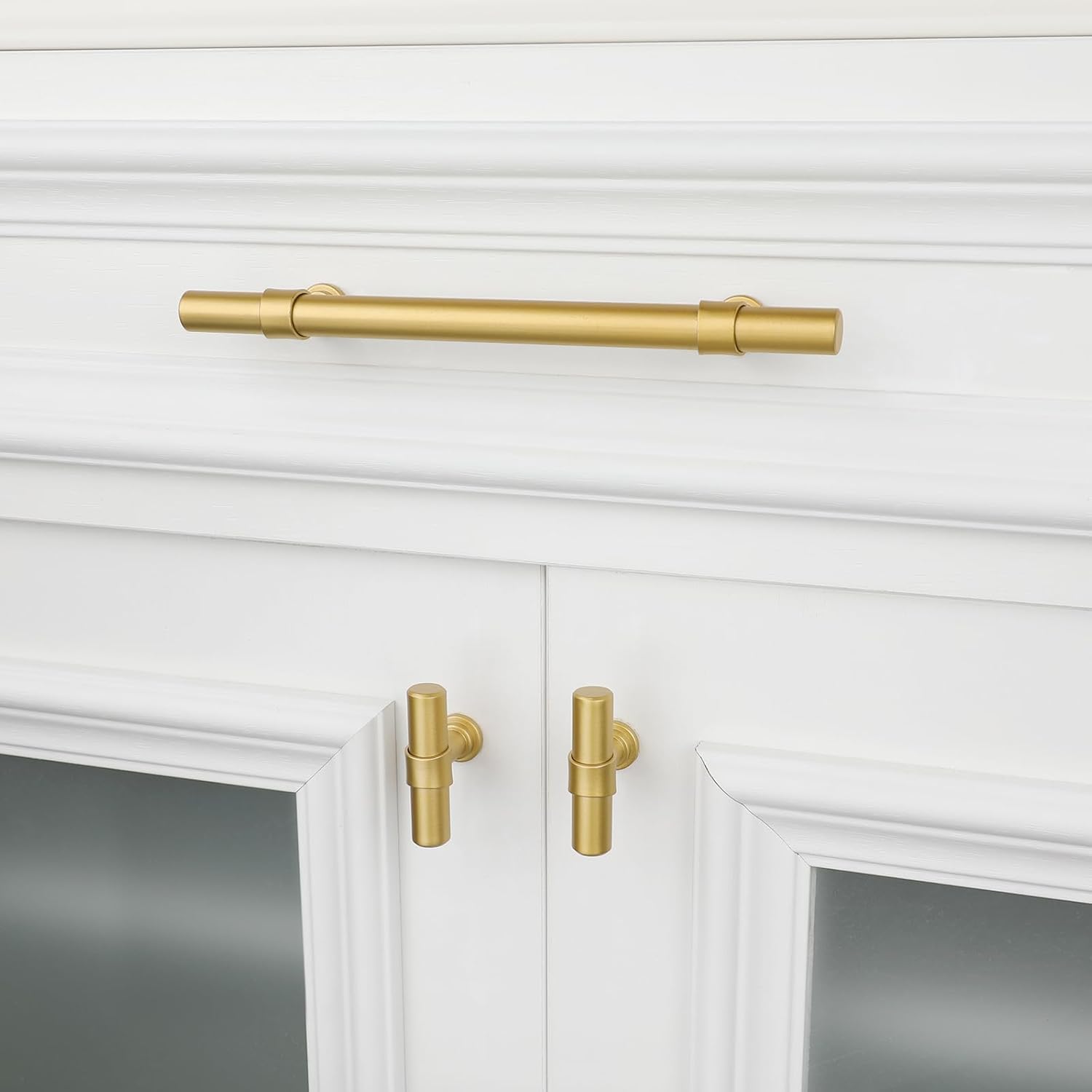 Rergy Paquete de 10 tiradores dorados para gabinetes de cocina, manijas de latón cepillado, tiradores de cajones dorados cepillados, herrajes para
