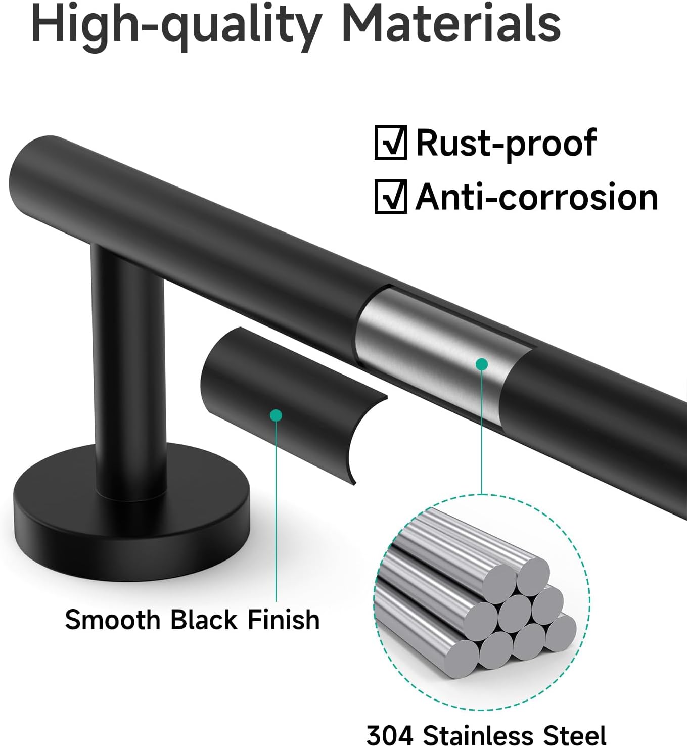 USHOWER Toallero negro mate, toallero de 24 pulgadas para baño montado en la pared, barra de toalla gruesa de acero inoxidable SUS304, decoración