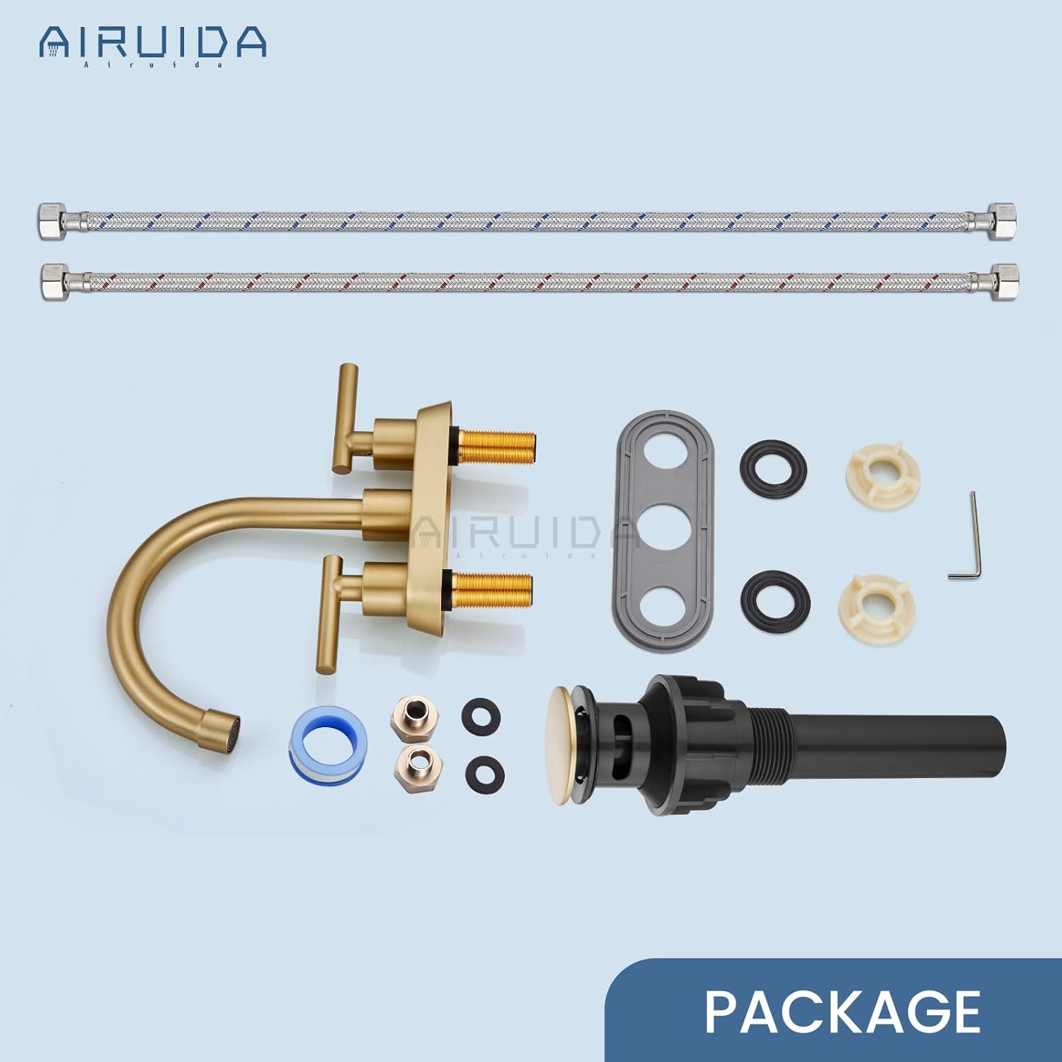 Airuida Grifo de baño central de 4 pulgadas, grifo de lavabo de baño de 2 asas, grifo de tocador de baño de dos agujeros con drenaje emergente, 2