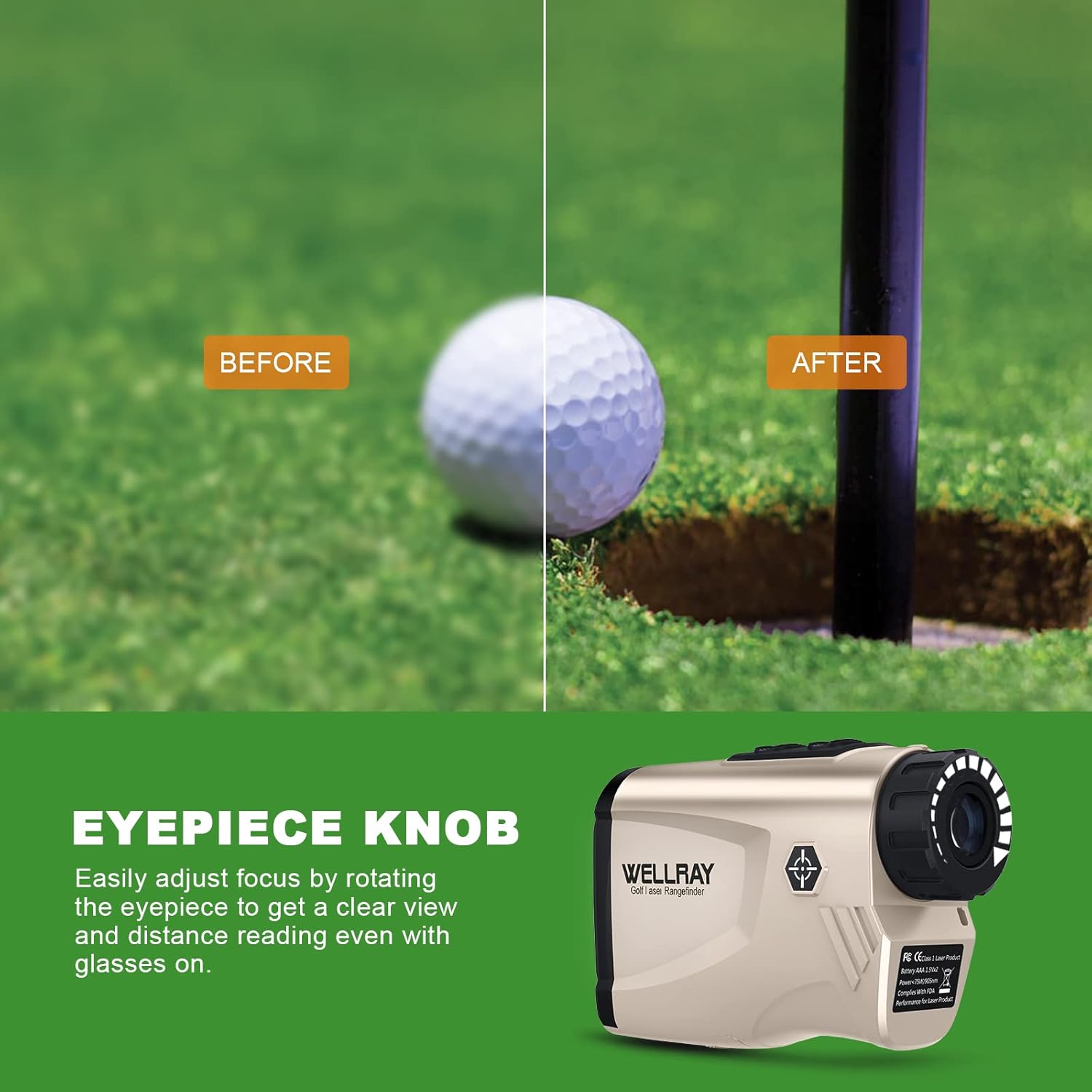 WELLRAY Telémetro láser de golf con pendiente, 650 yardas con aumento 6X y función de vibración de bloqueo de asta de bandera, buscador de rango