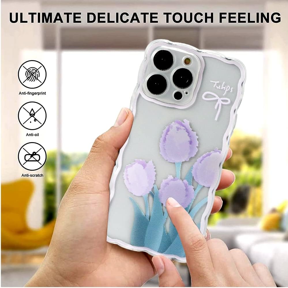 OOK Flower Designs – Funda transparente para iPhone 14 Pro Max, con protector de pantalla, bonito estampado de flores azules para niñas y mujeres,
