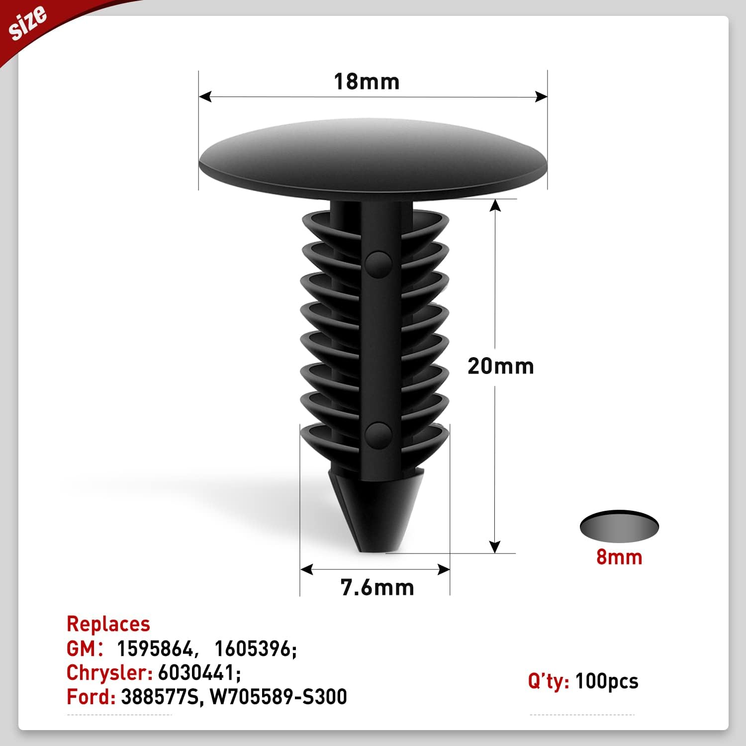 Nilight 100 clips de guardabarros de remache de parachoques para GM 1605396,1595864 para Chrysler 6030441 para Ford 388577S agujero de 0.295 in, 2