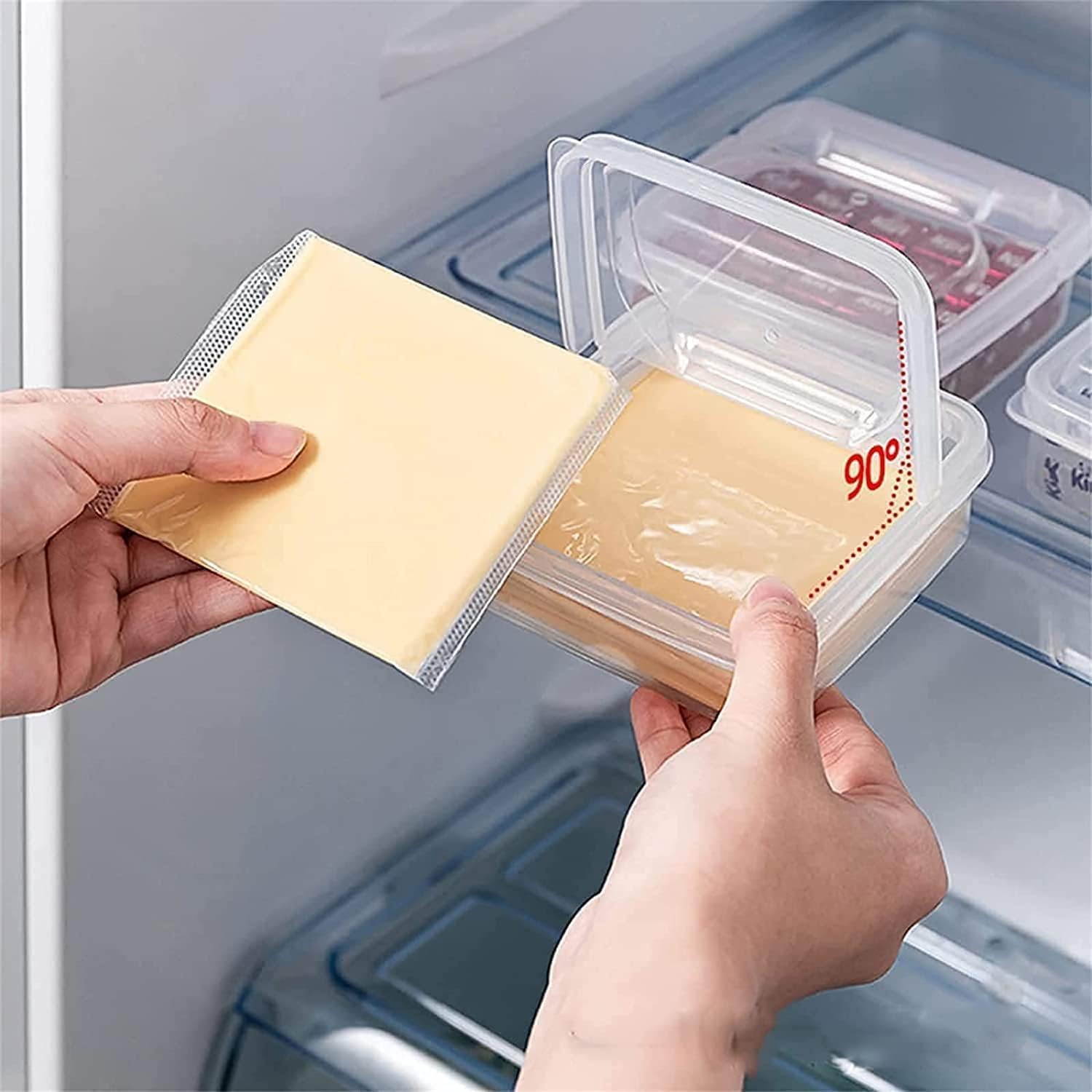 Recipiente de queso en rodajas de 2 piezas para refrigerador con tapa abatible, caja de almacenamiento de rebanadas de queso con bloque de