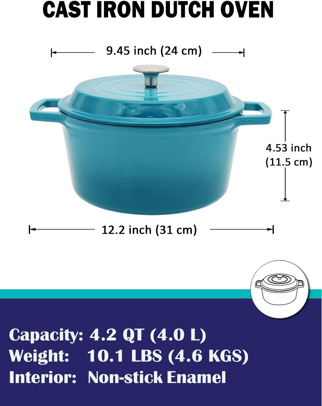 NWsystems Horno holandés de hierro fundido de 4.2 cuartos de galón, interior antiadherente y esmaltado, multiusos para cocinar y hornear, apto para