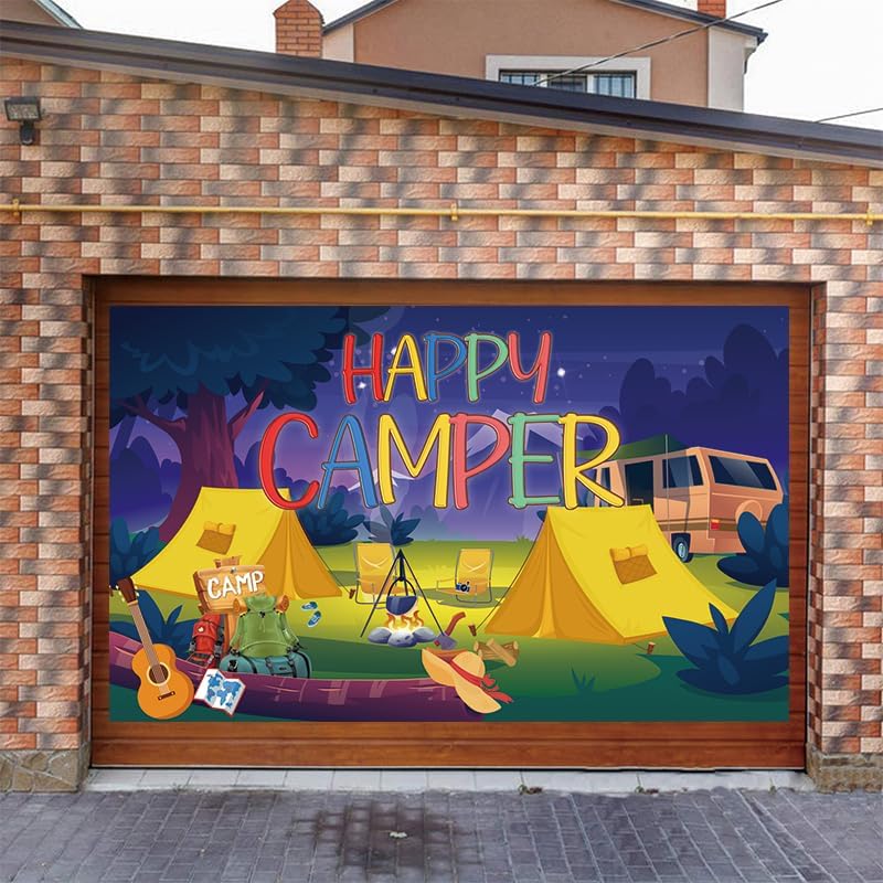 Cartel de fondo de Happy Camper con 70.8 x 43.3 pulgadas, tela de poliéster grande, letrero de telón de fondo para campamento, suministros de