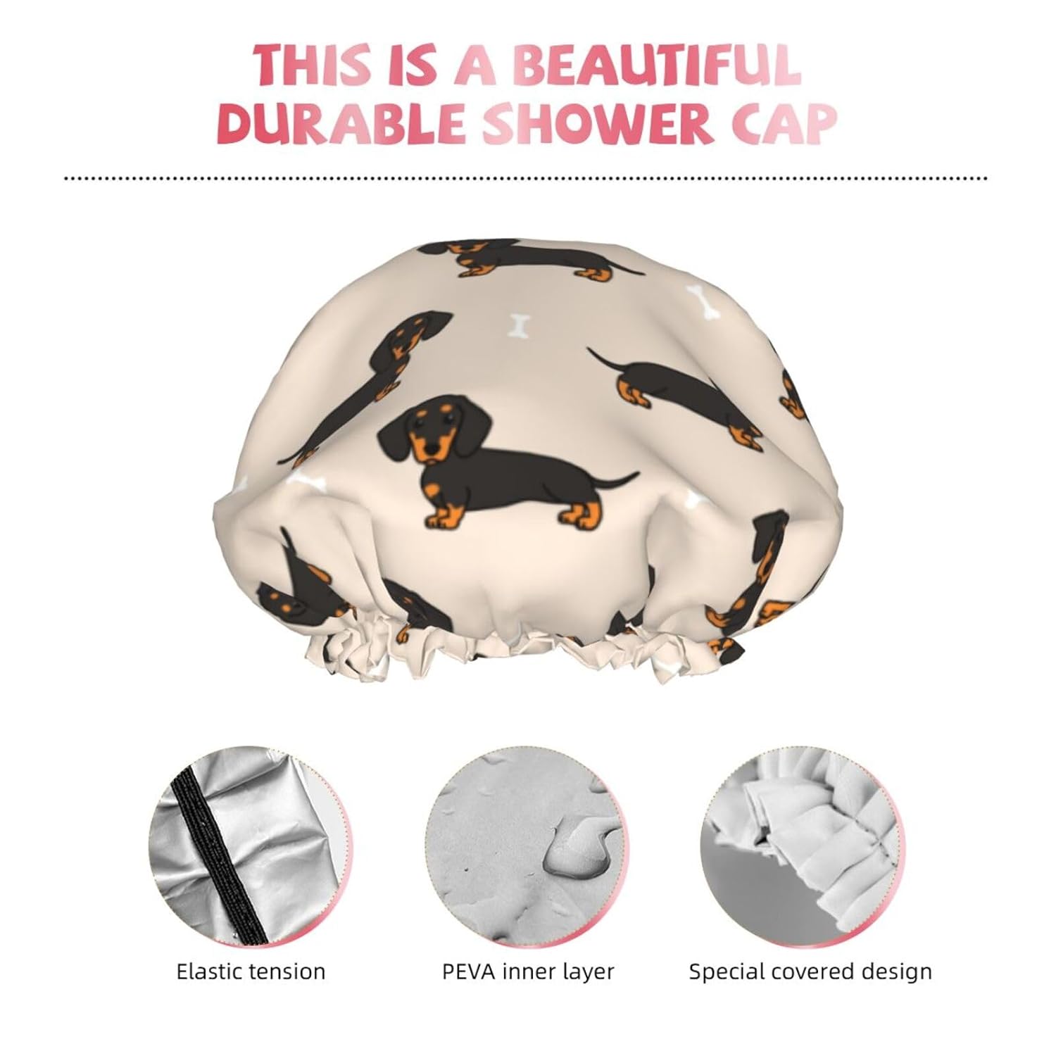 Gorro de ducha para mujer, bonito gorro para cabello rizado, compatible con Wiener Dog Doxie Dachshund Weiner, perros y mascotas, gorro de baño