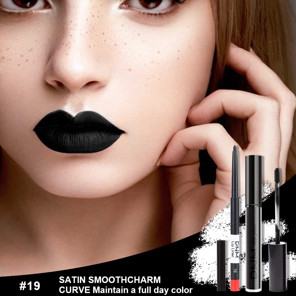 AMY’S DIARY Juego de 2 delineadores de labios y lápiz labial negro mate, delineador de labios negros de larga duración, impermeable, juego de lápiz