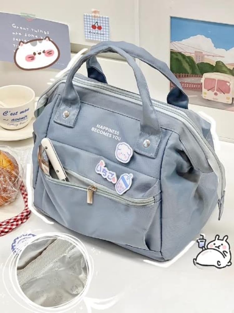 Lonchera kawaii grande para pícnic, bolsa aislada para calientes o fríos, reutilizable, bonita lonchera estética para mujeres (S, azul)