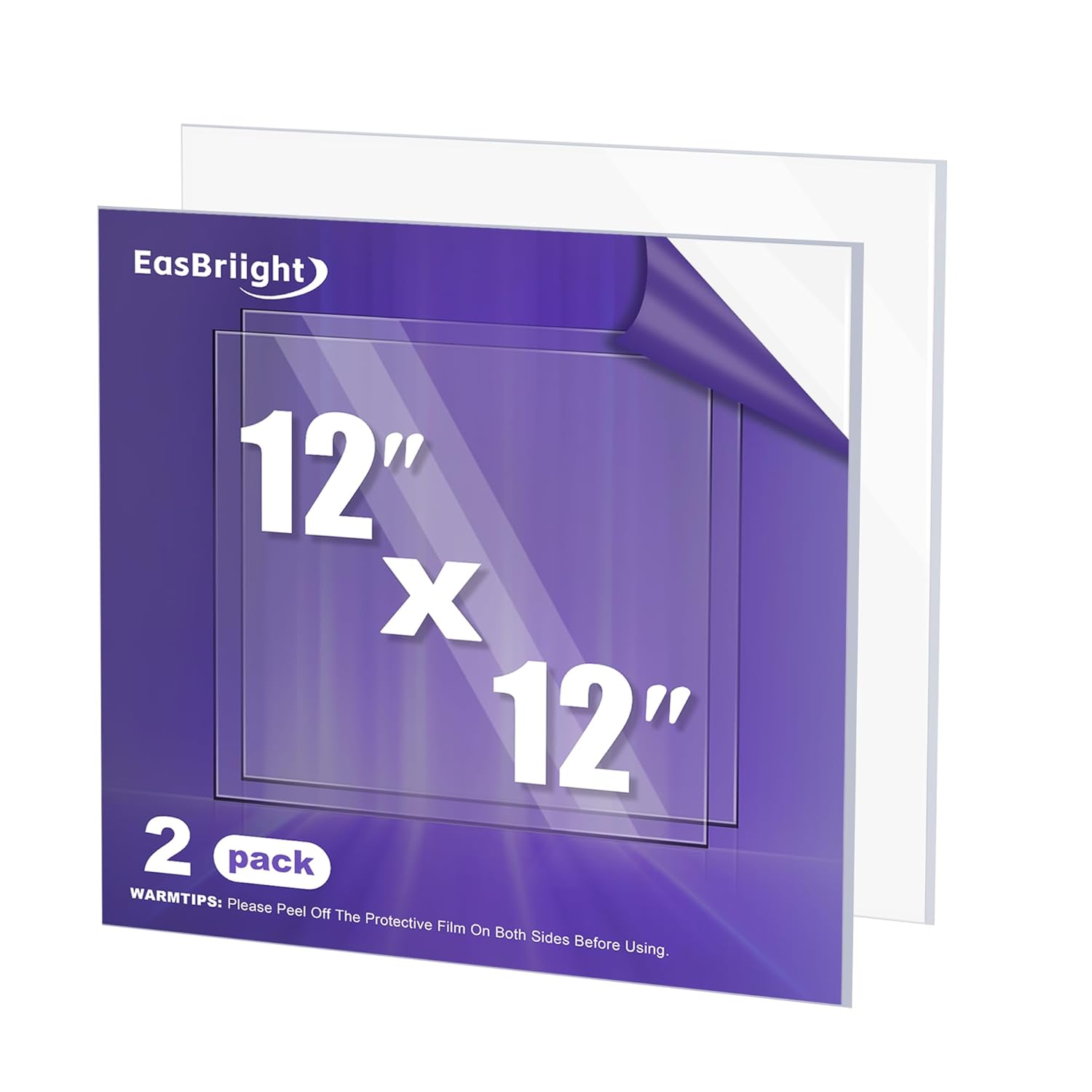 EasBriight Paquete de 2 hojas de plexiglás de 12 x 12 pulgadas, hojas acrílicas transparentes de 18 pulgadas de grosor, paneles de láminas de