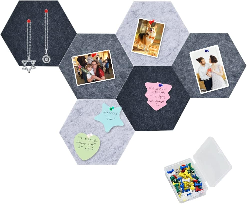 6 tiras de barra de corcho hexagonal gris con 50 alfileres y notas adhesivas, tiras autoadhesivas para tablón de anuncios, sin daños para la pared,