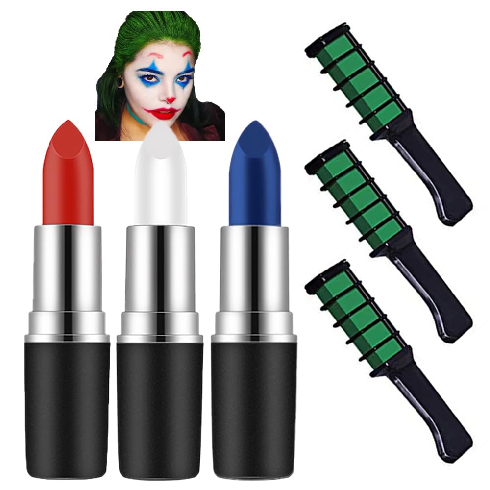 Mysense Kit de maquillaje de payaso, barra de pintura corporal de Joker rojo, blanco y azul, pintura facial crema y tiza de color verde temporal