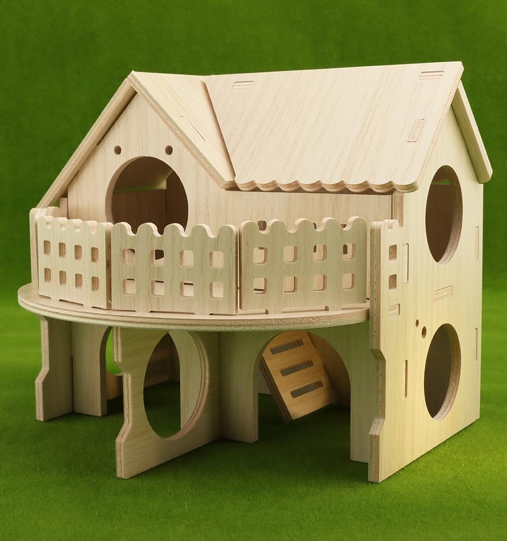 Hámster Forest Lookout Wood House Fun House – Cabaña de dos pisos para jóvenes enanos, jerbos, ratones, ratones, ratas, animales pequeños (solo para