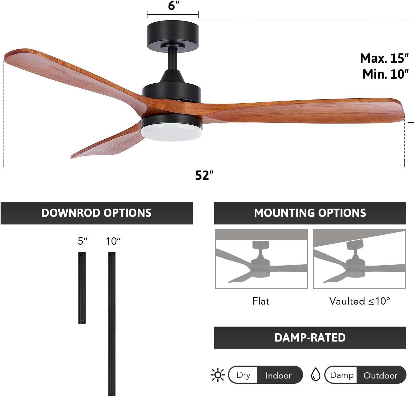 VONLUCE Ventiladores de techo con luces, ventilador de techo para exteriores de 52 pulgadas con control remoto, motor de CC reversible de 6