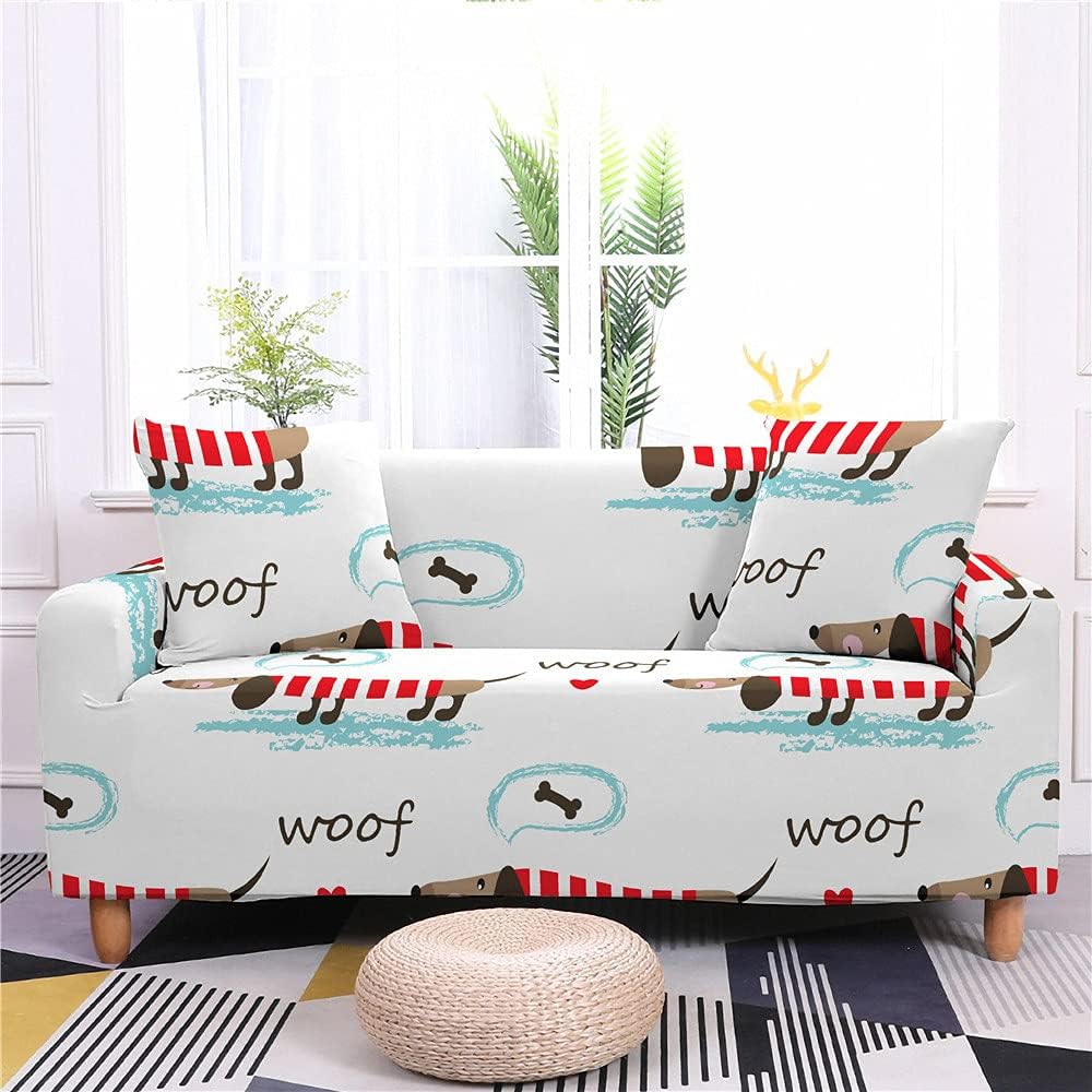 SANBDDLYY Funda de sofá con diseño de perro salchicha de dibujos animados, con costuras para sofá biplaza, protector de muebles, fundas elásticas