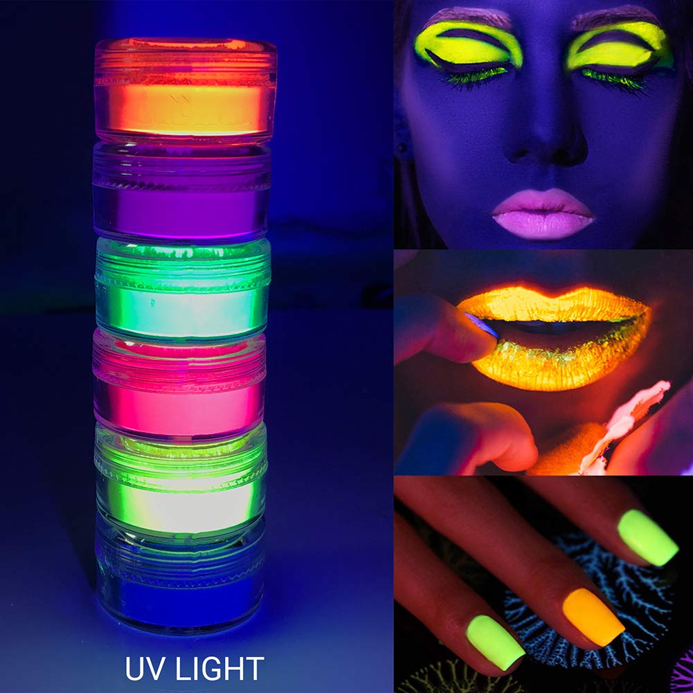 FindinBeauty Pigmento de neón en polvo de sombra de ojos reactivo UV que brilla en la luz negra, 6 colores verdaderos brillantes mezclados para