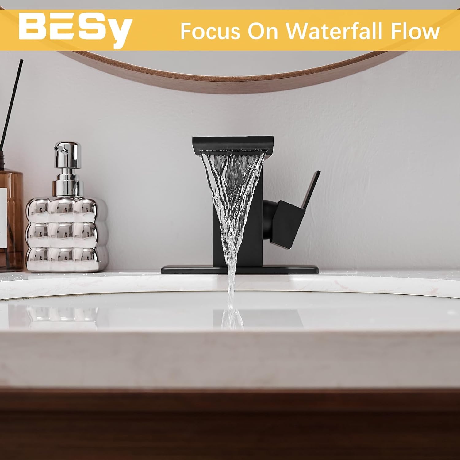 BESy Grifo de baño negro con boquilla de cascada de acero inoxidable, 1 agujero y 3 agujeros, grifo de lavabo de baño de una sola manija, grifo de