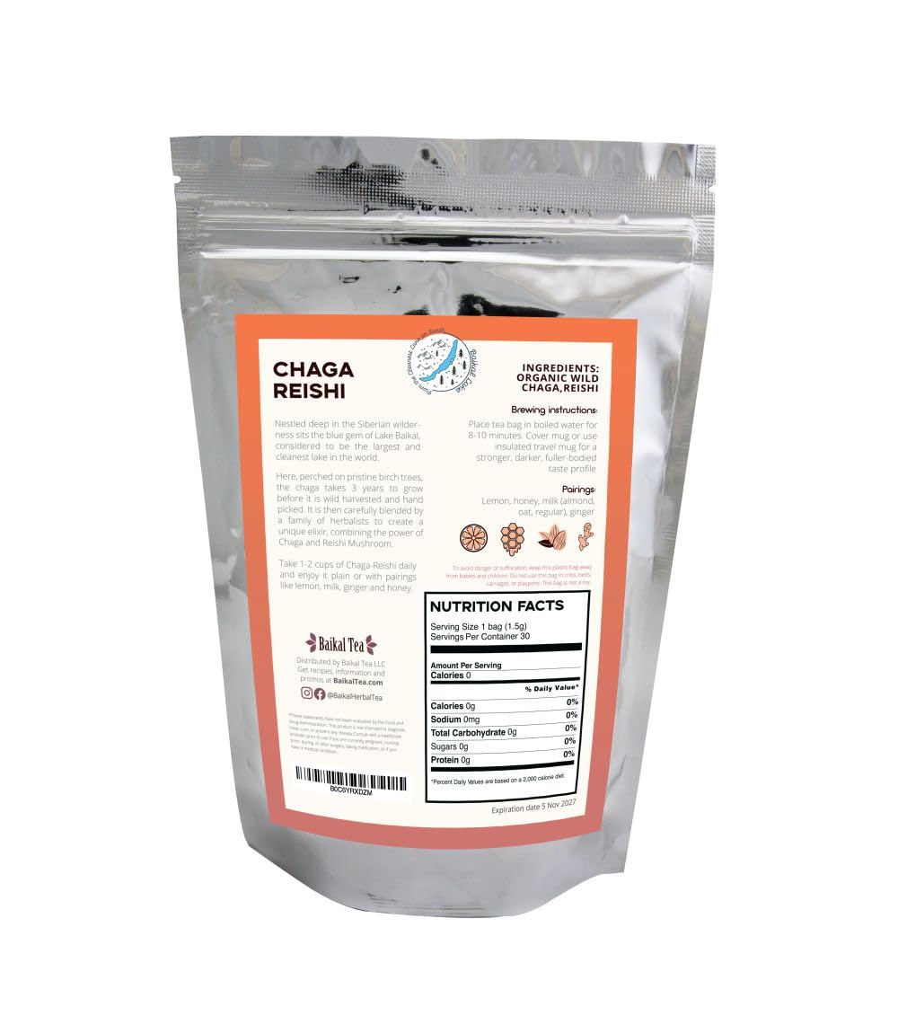 Baikal Tea Chaga Reishi Tea Wild Chaga Tea con Reishi – 30 bolsas de té sin blanquear – Suplemento de hongos Ganoderma Lingzhi con Chaga salvaje