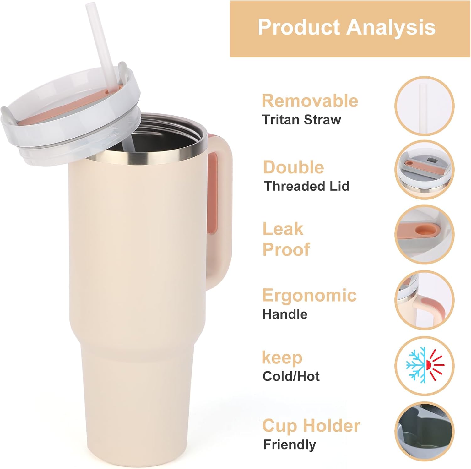 YTTL Vaso de 40 onzas con asa y popote, vaso aislado de 40.6 fl oz, reutilizable, acero inoxidable, aislamiento térmico, vaso a prueba de fugas,