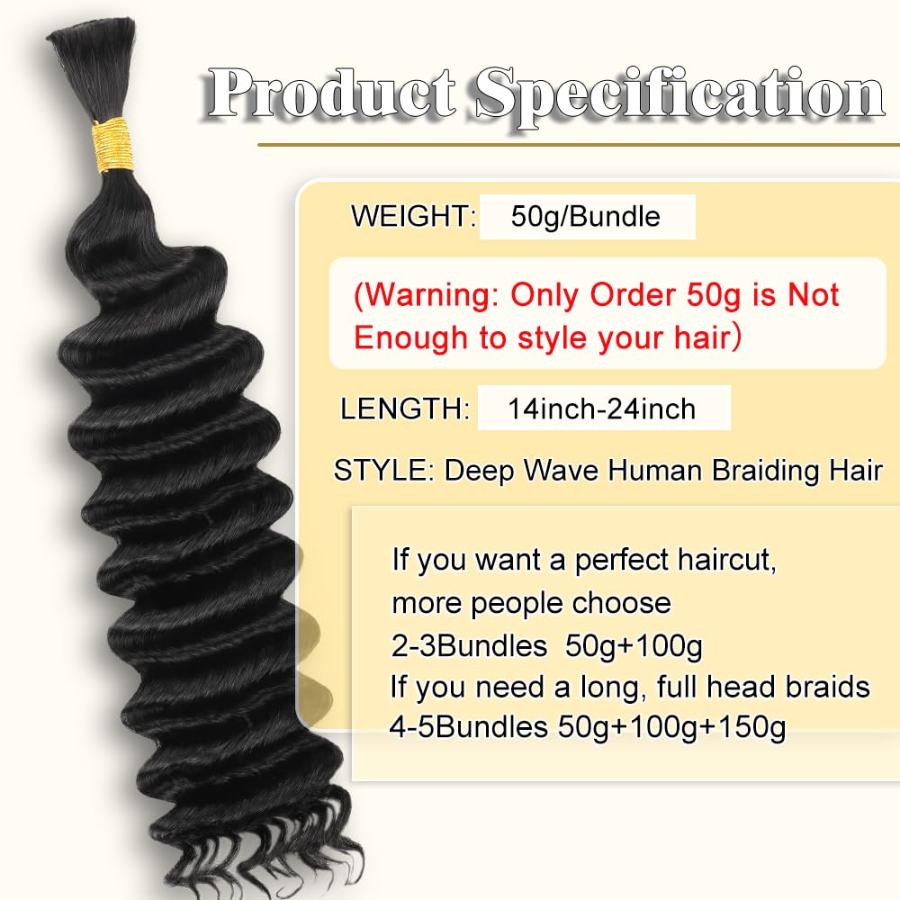 Cabello humano trenzado de 20 pulgadas, ondulado profundo, cabello humano a granel para trenzar, sin trama, 100% sin procesar, rizado micro cabello