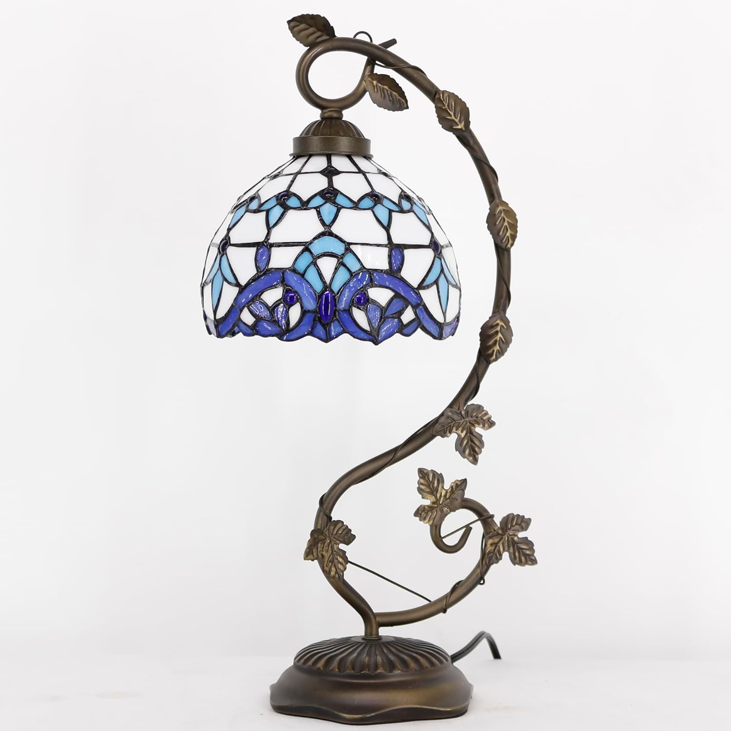 WERFACTORY Lámpara estilo Tiffany Lámpara de mesa de vidrio blanco y azul, lámpara de mesa de lectura, base de hoja de metal, 8 x 10 x 21 pulgadas,