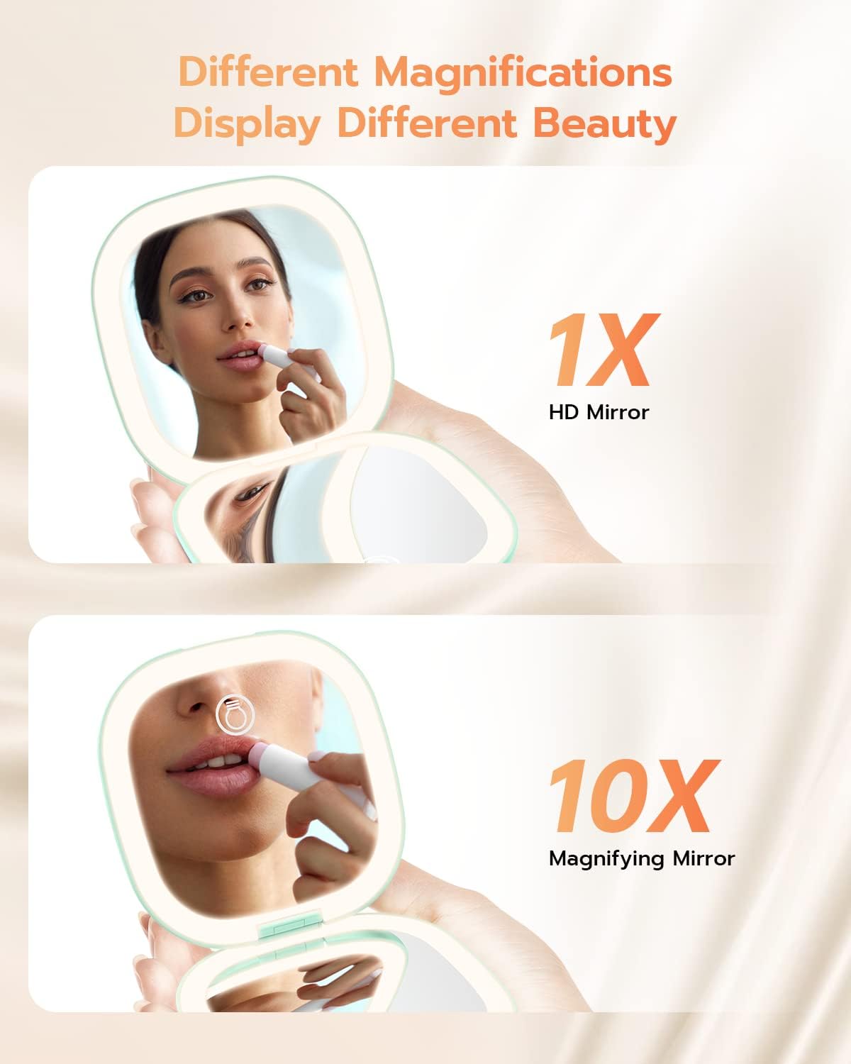 Benbilry Espejo de maquillaje compacto recargable con luces y aumento 1X10X, doble tira de luz, espejo de maquillaje de viaje regulable con 3