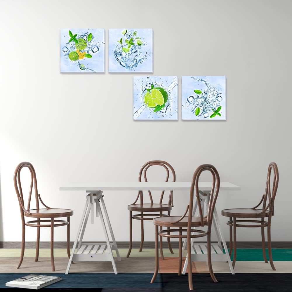 Imágenes verdes de cocina con frutas para decoración de pared, hojas de limón y menta, impresiones en lienzo, pinturas de hielo, arte de pared para