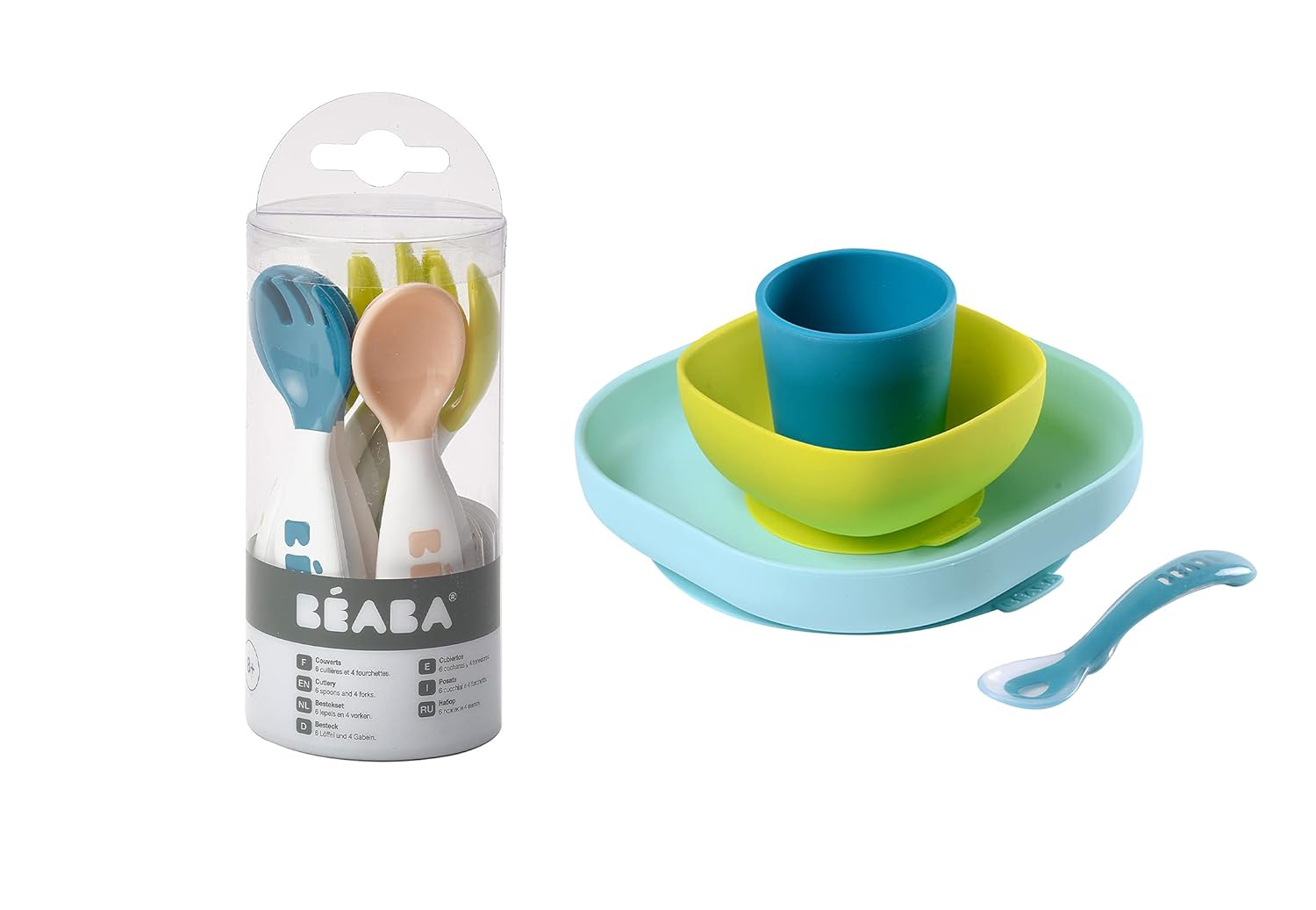 BEABA Juego de 4 piezas de cubiertos de alimentación autónoma y silicona para niños pequeños, parte inferior de succión suave, irrompible y